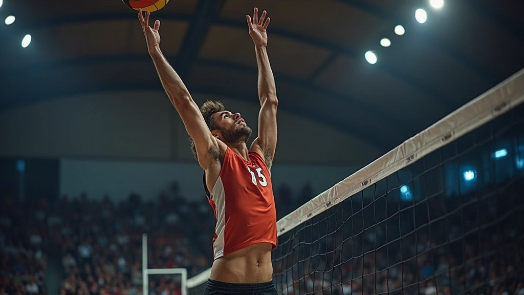 لاعب كرة طائرة يقفز لتنفيذ ضربة هجومية قوية من أعلى الشبكة