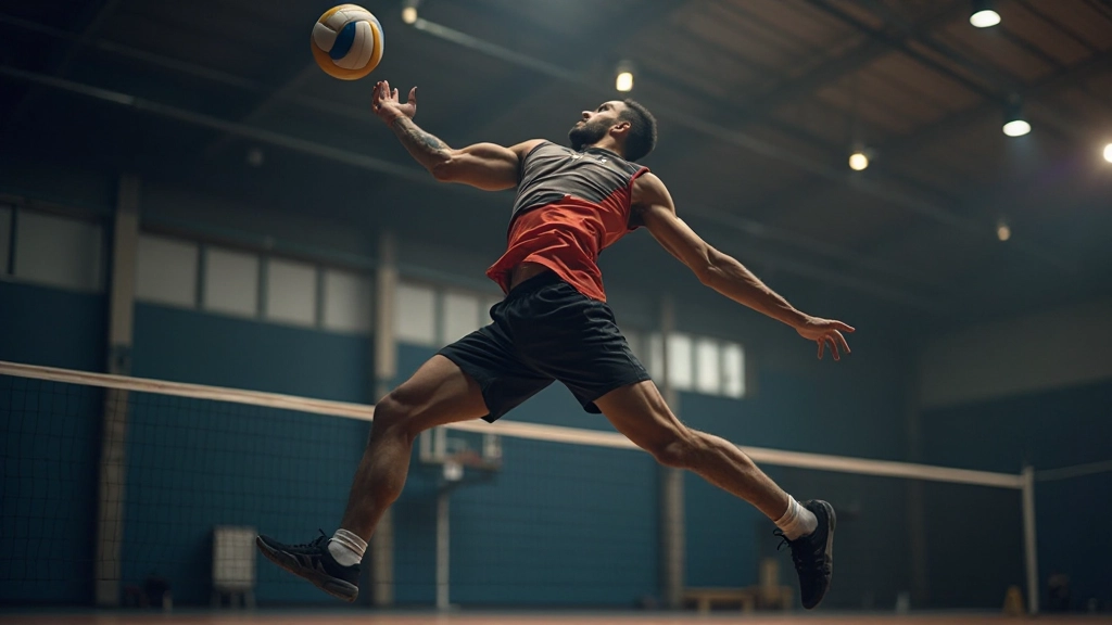 لاعب كرة طائرة يقوم بحركة هجومية قوية مع قفز عالي